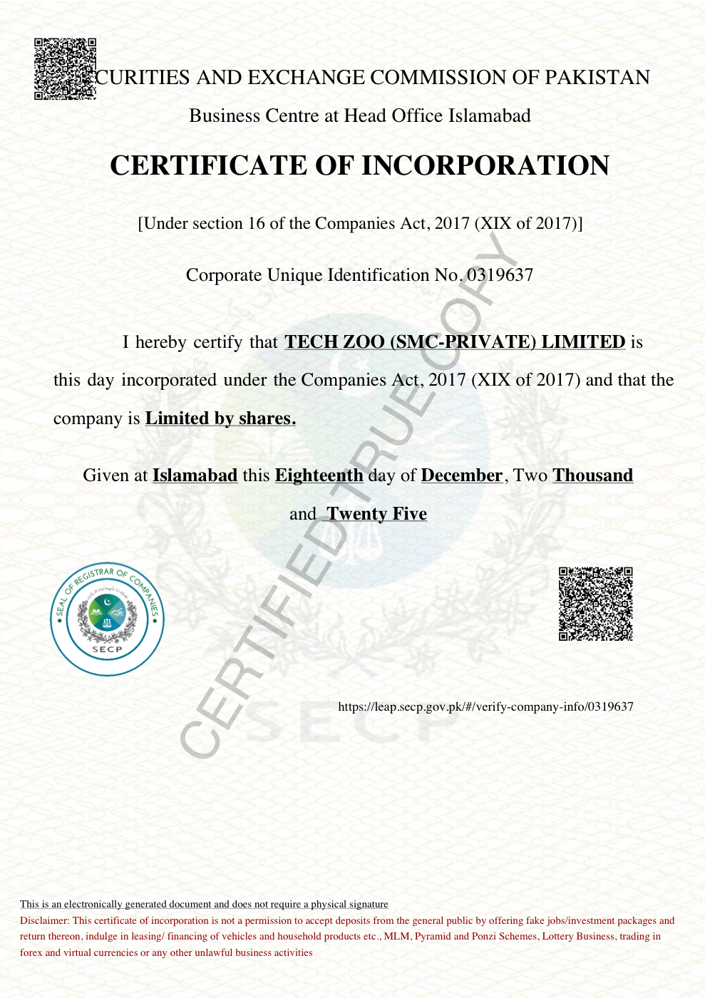 SECP certificate of incorporation for TECH ZOO (SMC-PRIVATE) LIMITED